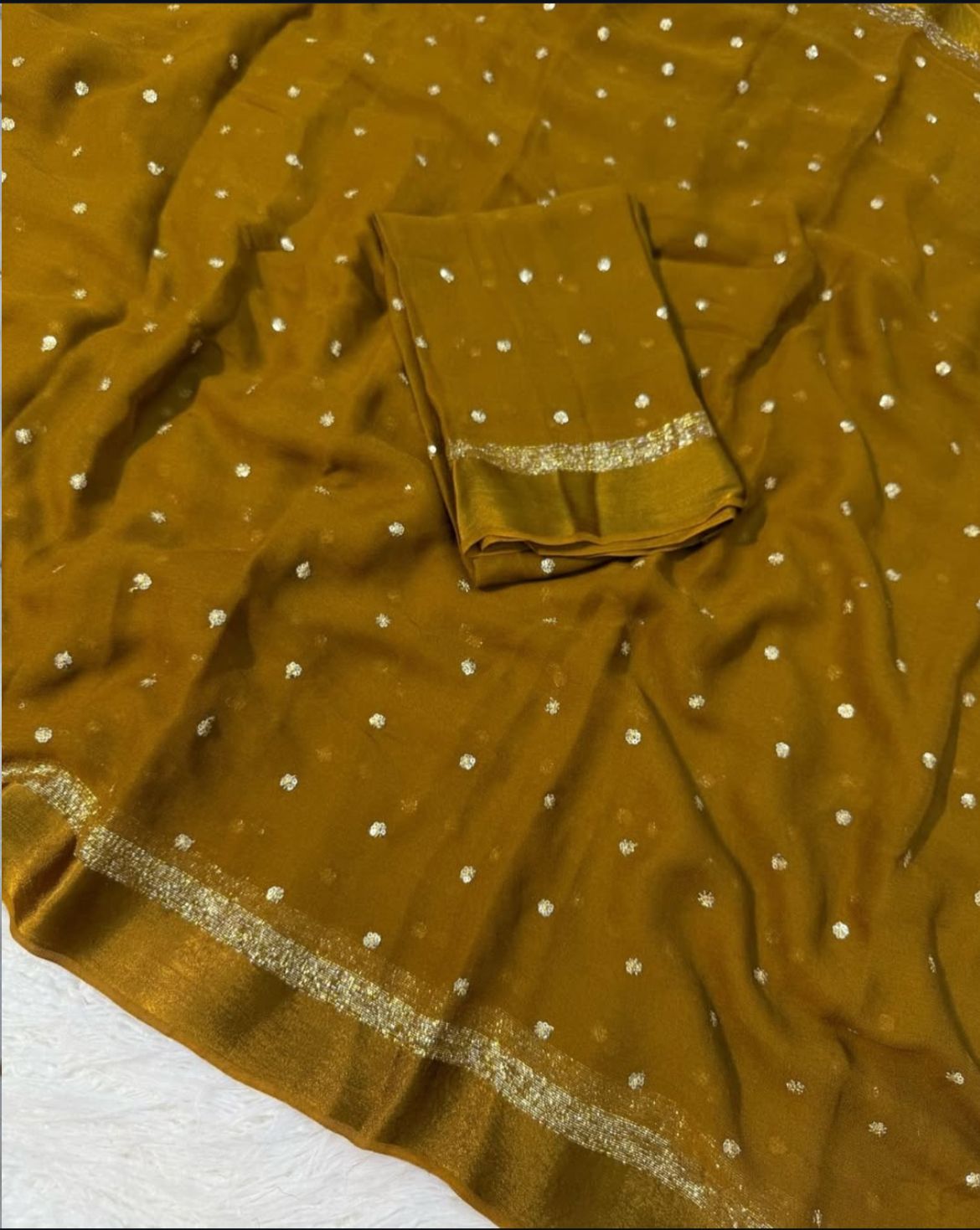 Mustard Yellow Silk Saree with Silver Zari Polka Dots and Border