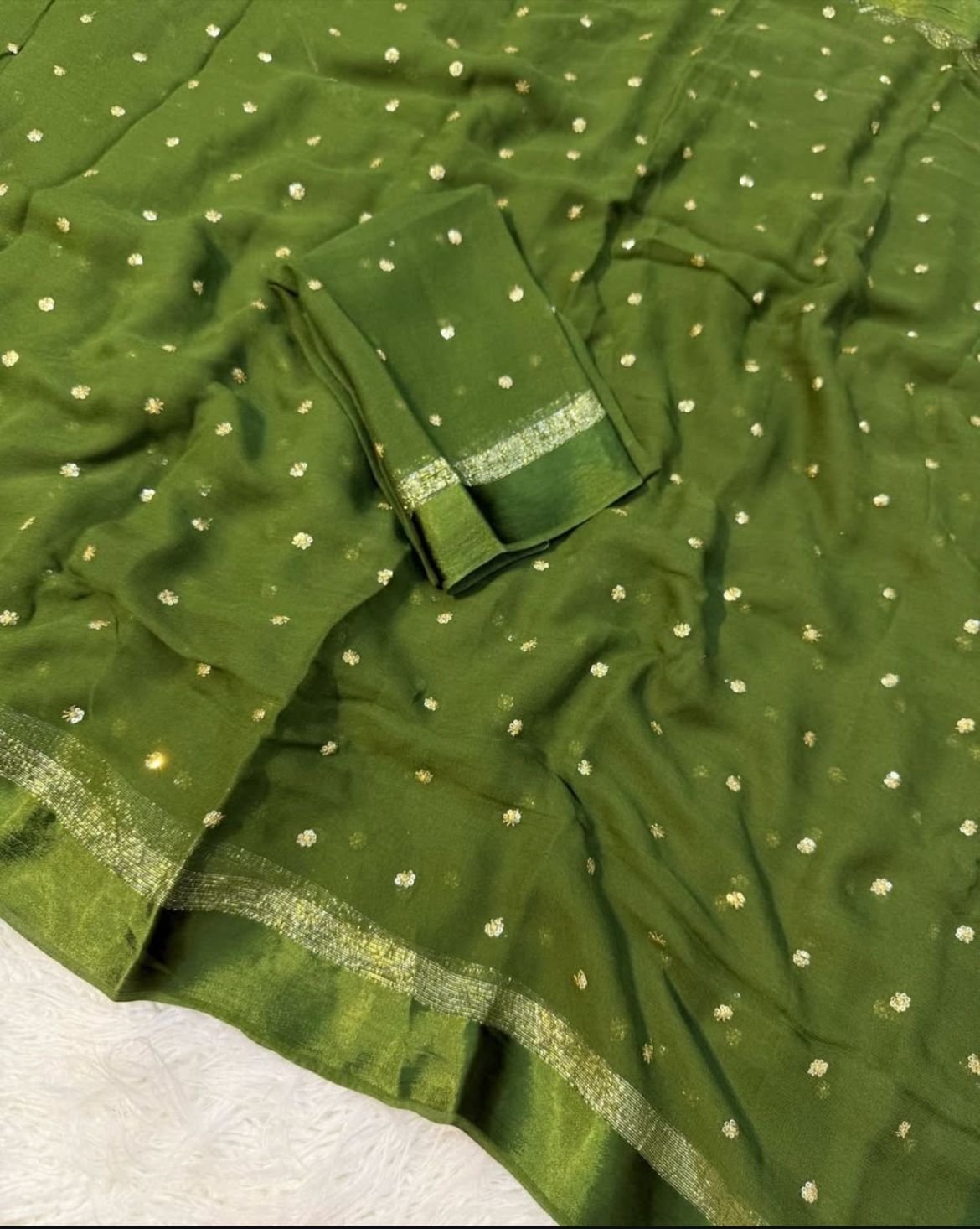 Olive Green Silk Saree with Golden Zari Polka Dots and Border