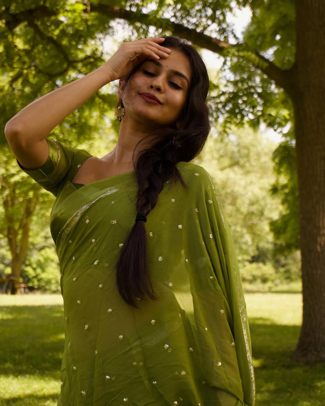 Olive Green Silk Saree with Golden Zari Polka Dots and Border