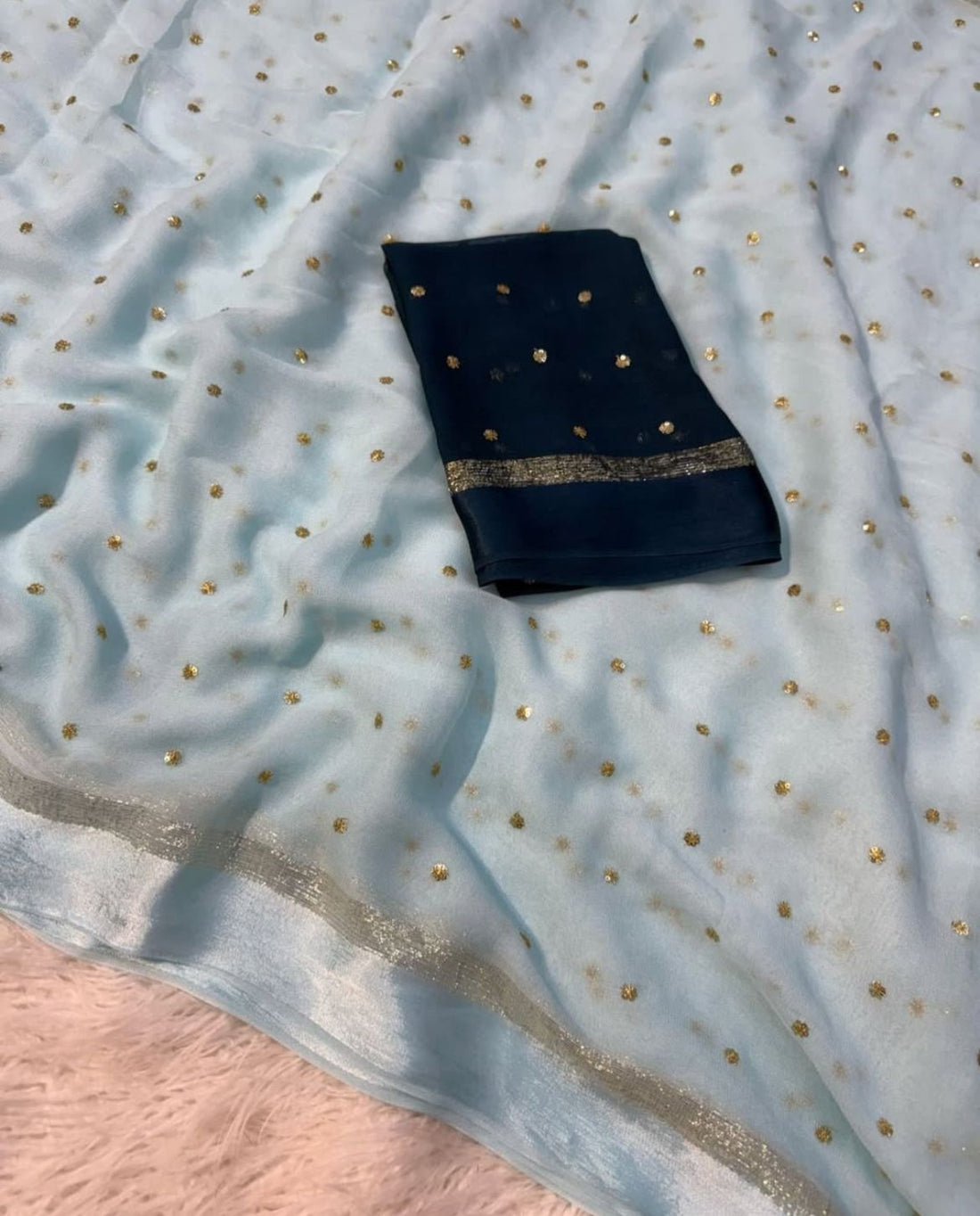 Navy Blue and Sky Blue Silk Saree Set with Golden Zari Polka Dots and Border