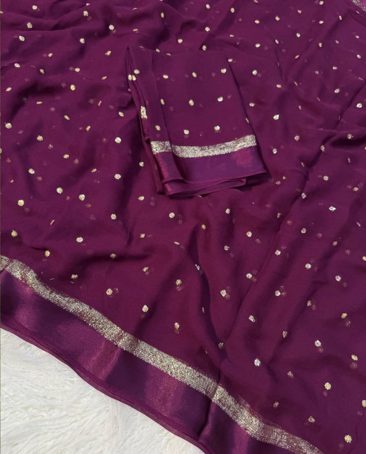 Purple & Pink Silk Saree with Golden Zari Polka Dots and Border
