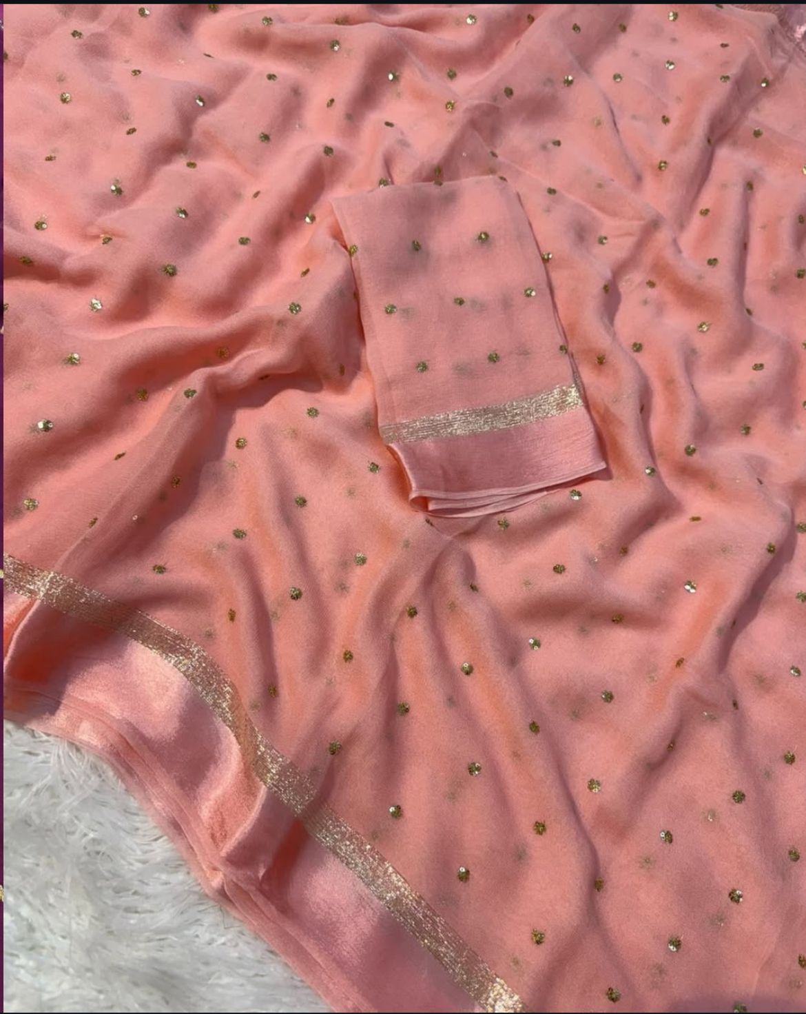 Purple & Pink Silk Saree with Golden Zari Polka Dots and Border