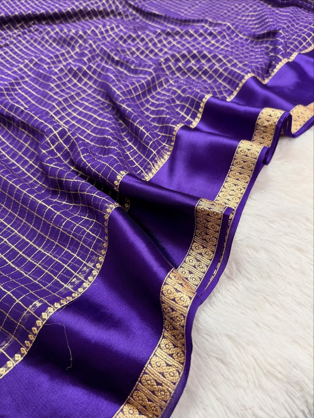 Royal Purple Kanjivaram Silk Saree with Golden Zari Checks and Border