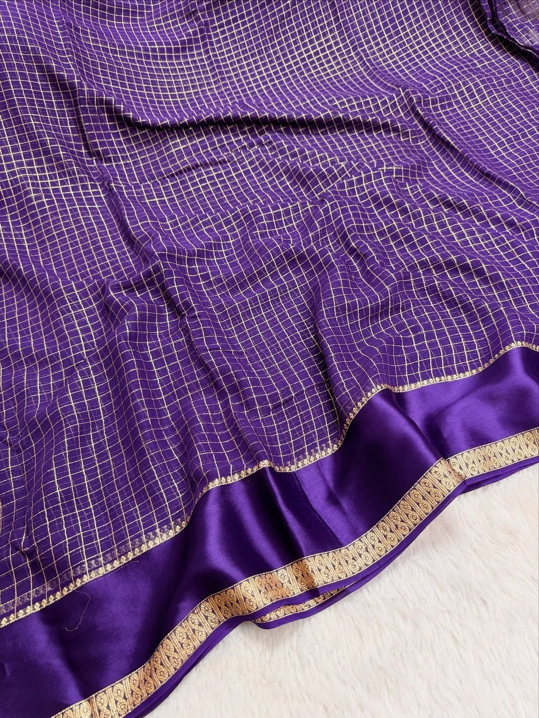 Royal Purple Kanjivaram Silk Saree with Golden Zari Checks and Border