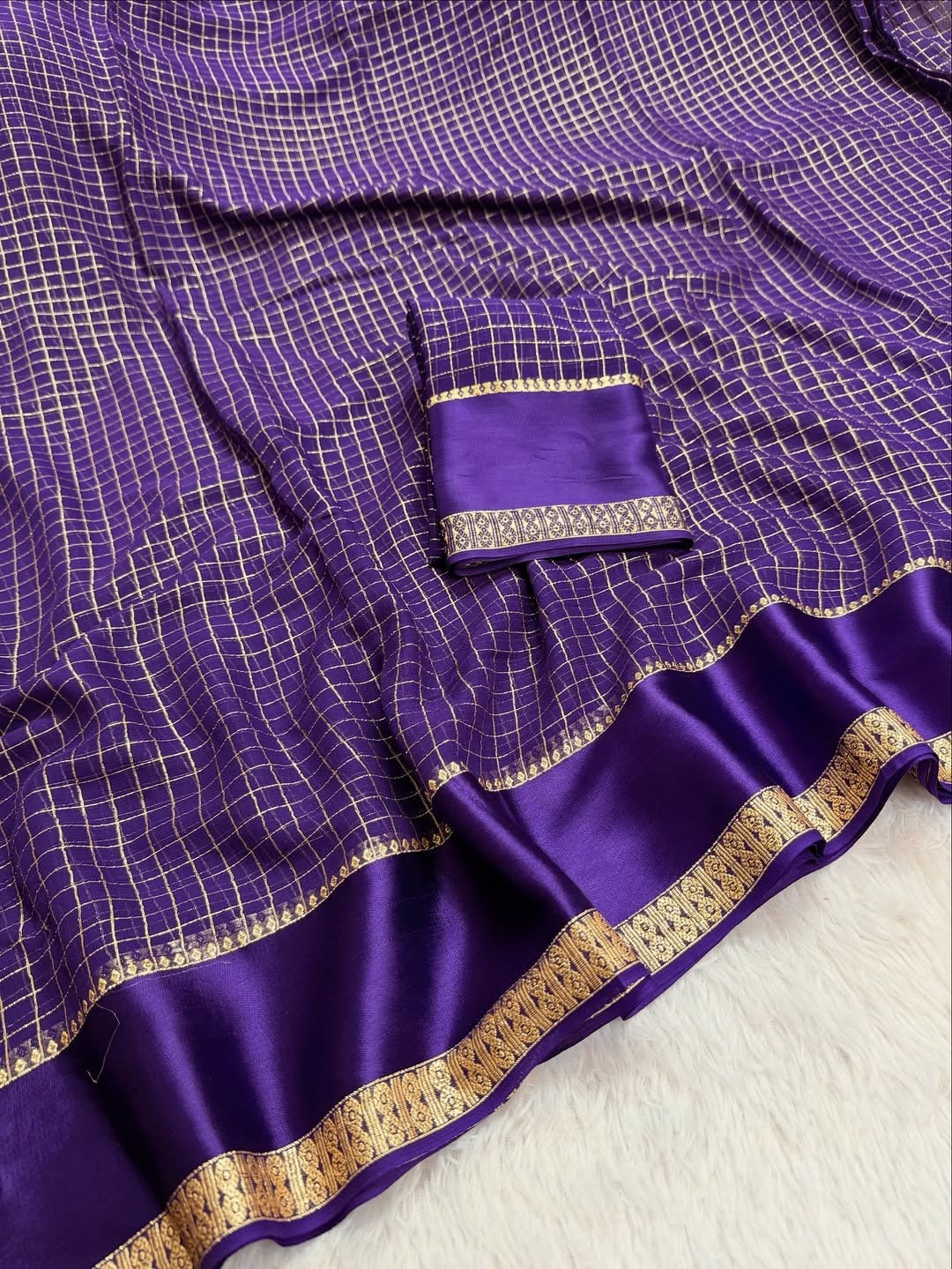 Royal Purple Kanjivaram Silk Saree with Golden Zari Checks and Border