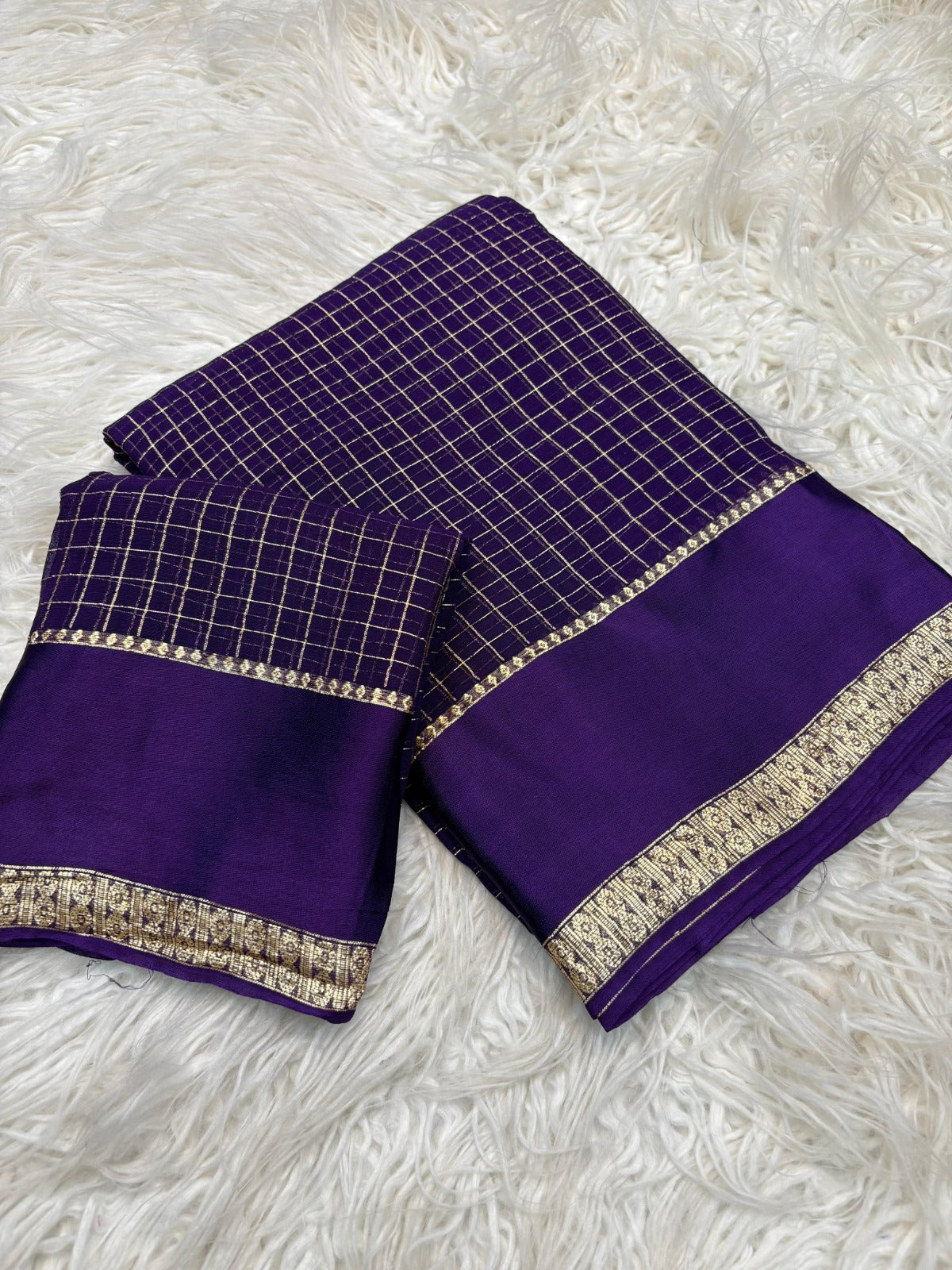 Royal Purple Kanjivaram Silk Saree with Golden Zari Checks and Border