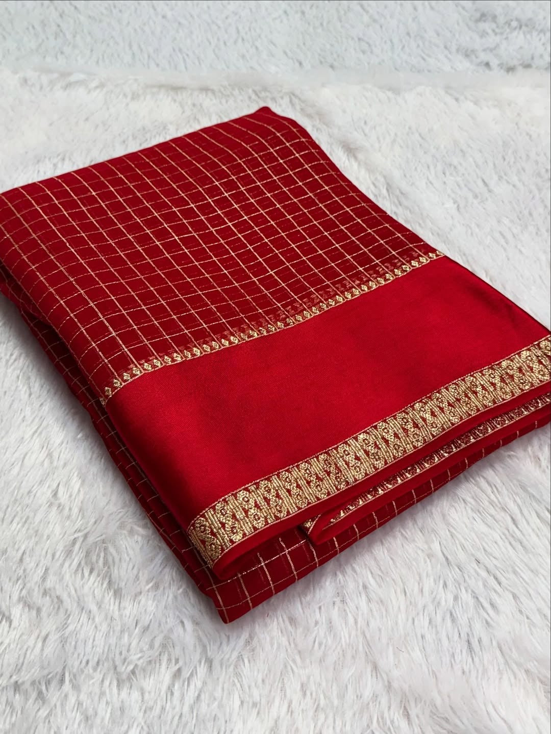 Red Kanjivaram Silk Saree with Golden Zari Checks and Border