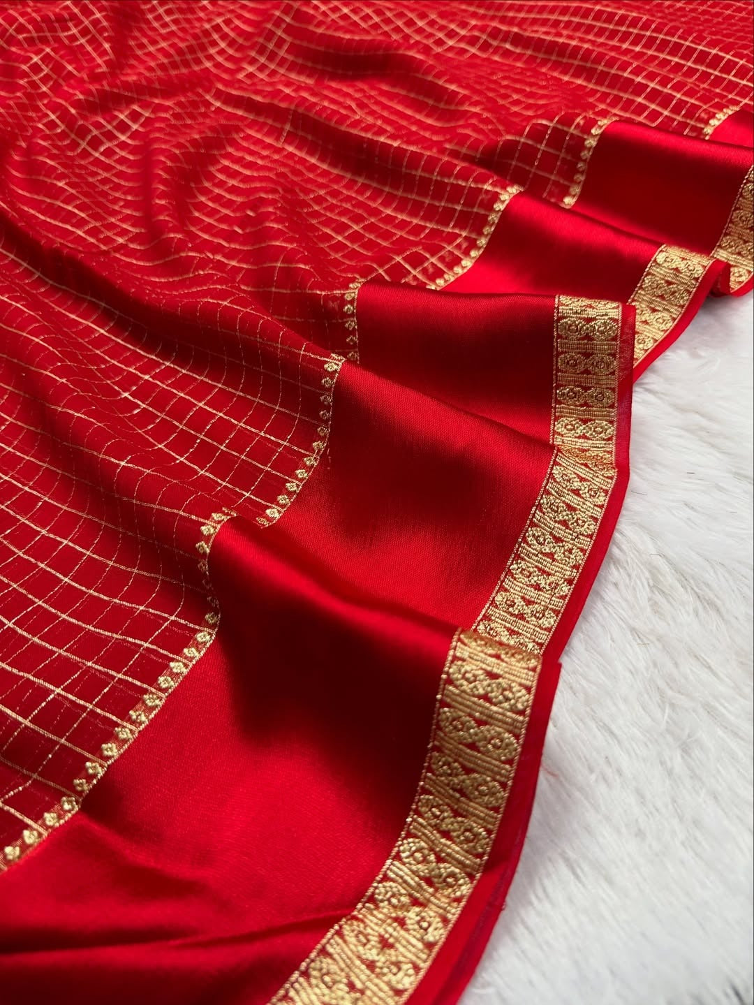 Red Kanjivaram Silk Saree with Golden Zari Checks and Border
