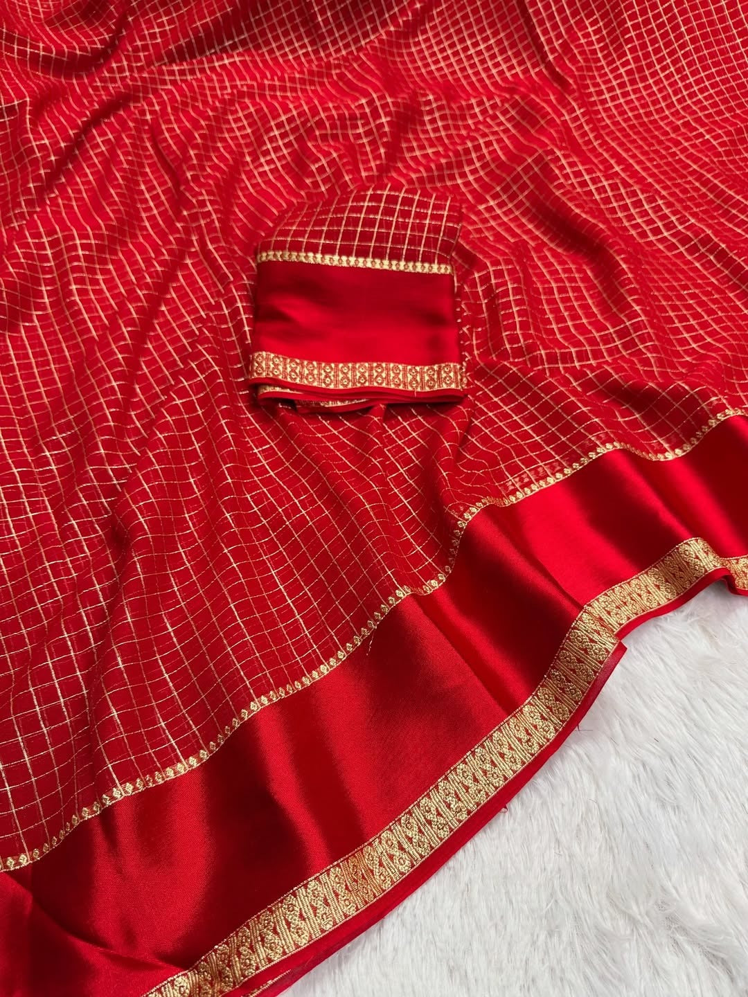 Red Kanjivaram Silk Saree with Golden Zari Checks and Border