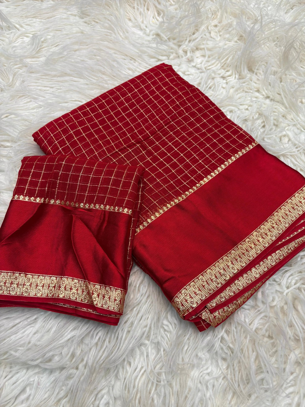 Red Kanjivaram Silk Saree with Golden Zari Checks and Border