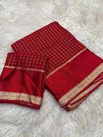 Red Kanjivaram Silk Saree with Golden Zari Checks and Border
