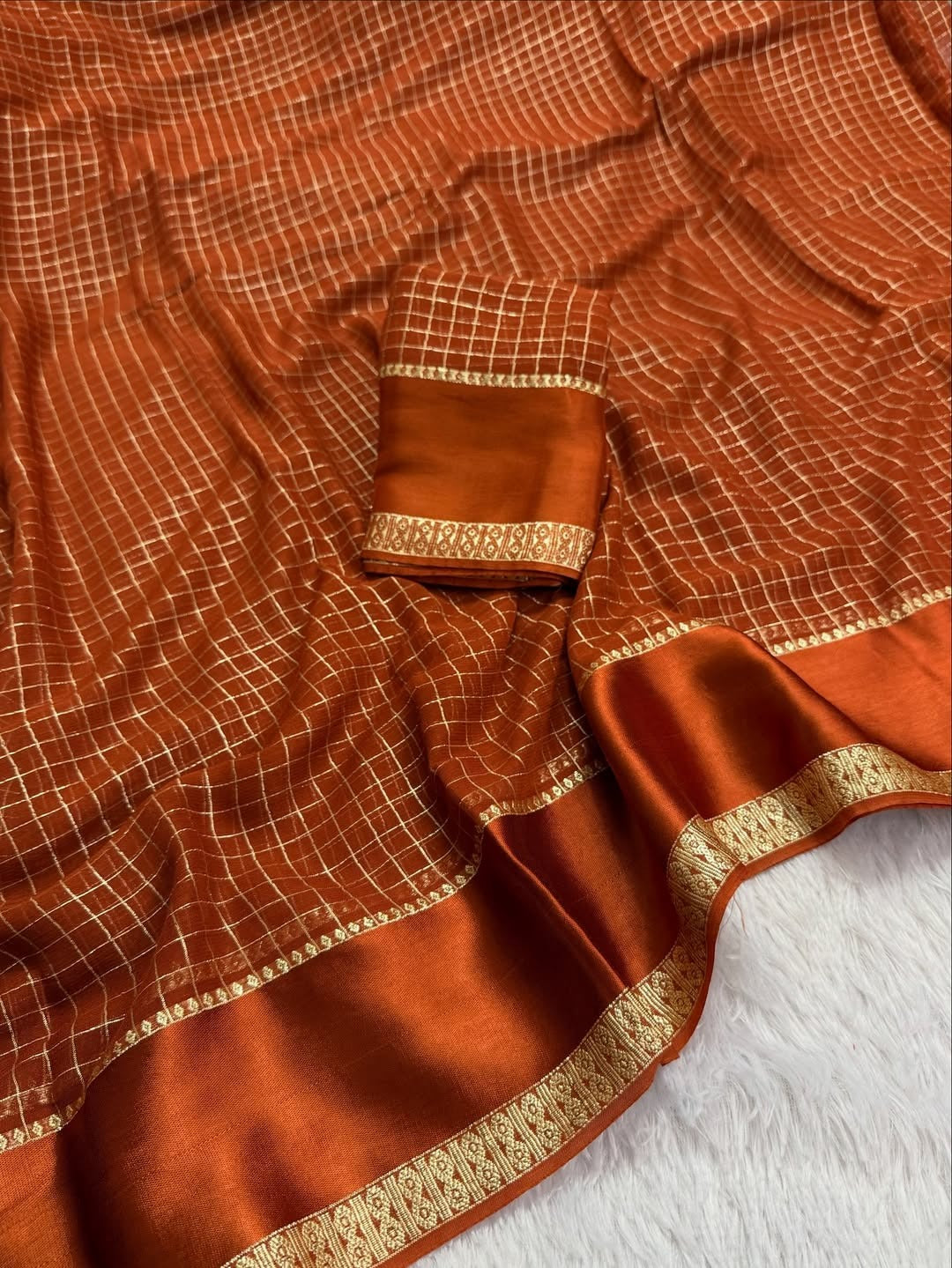 Rust Orange Kanjivaram Silk Saree with Golden Zari Checks and Border
