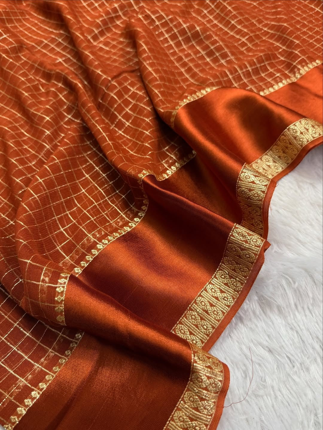 Rust Orange Kanjivaram Silk Saree with Golden Zari Checks and Border