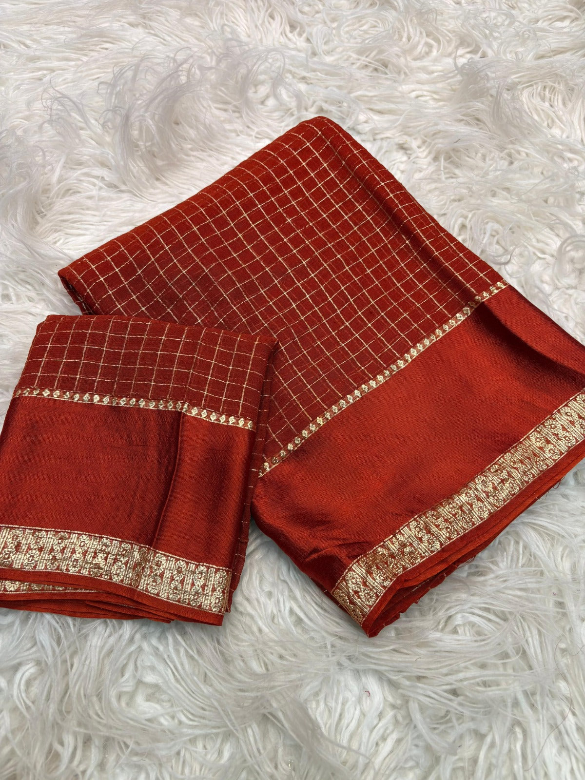 Rust Orange Kanjivaram Silk Saree with Golden Zari Checks and Border
