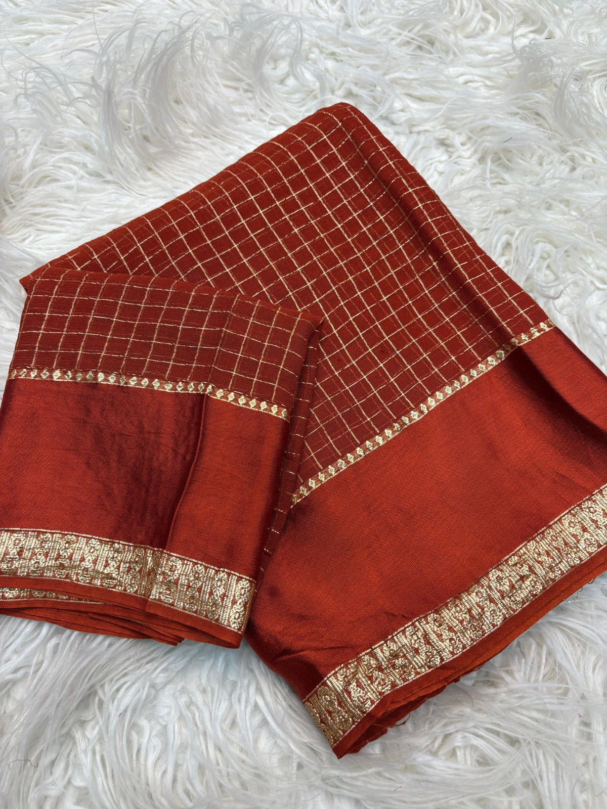 Rust Orange Kanjivaram Silk Saree with Golden Zari Checks and Border