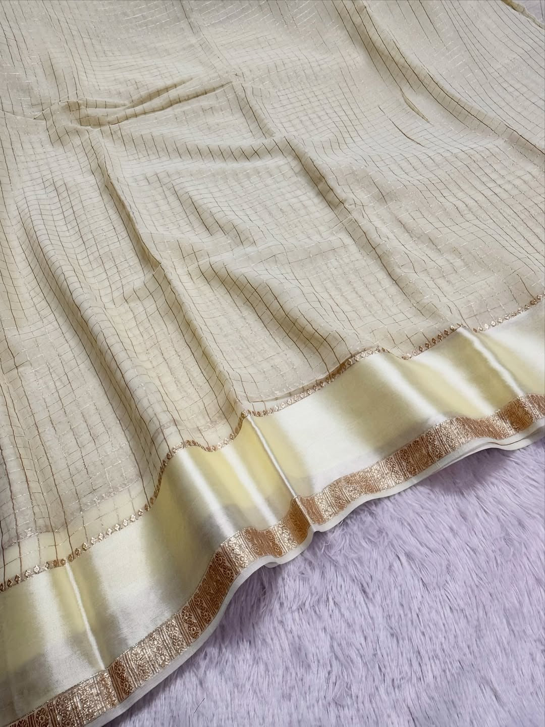 Cream Kanjivaram Silk Saree with Subtle Golden Zari Checks and Border