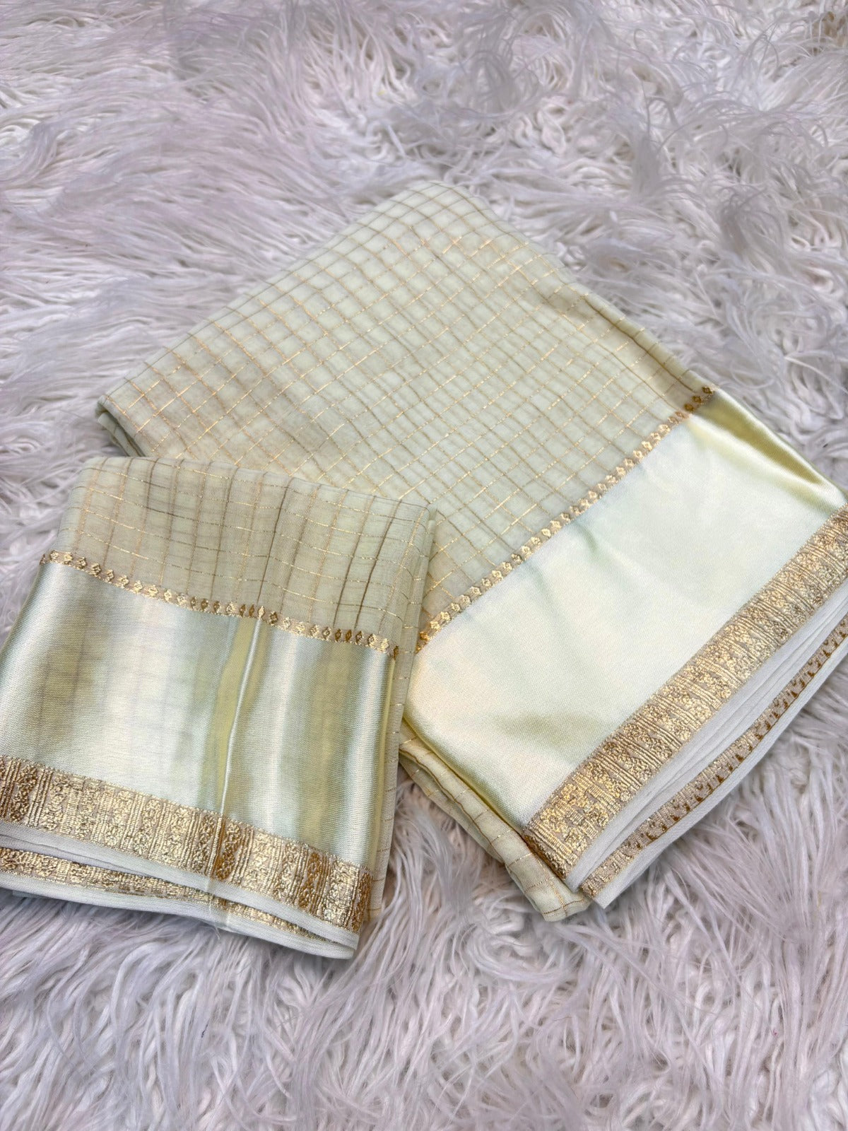 Cream Kanjivaram Silk Saree with Subtle Golden Zari Checks and Border
