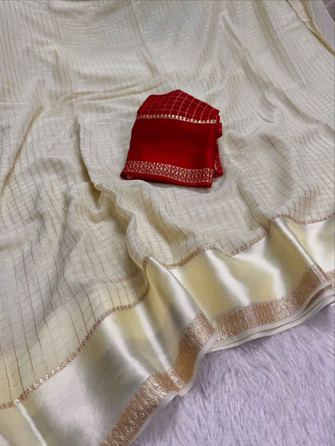 Cream Kanjivaram Silk Saree with Subtle Golden Zari Checks and Border