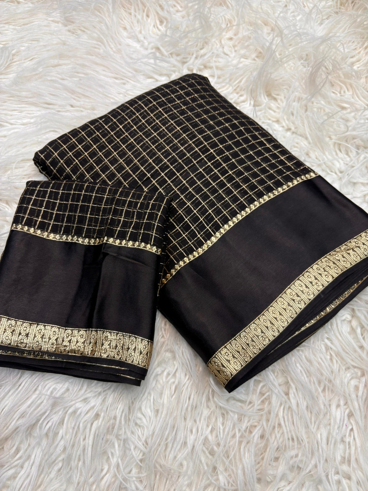 Black Kanjivaram Silk Saree with Golden Zari Checks and Rich Border