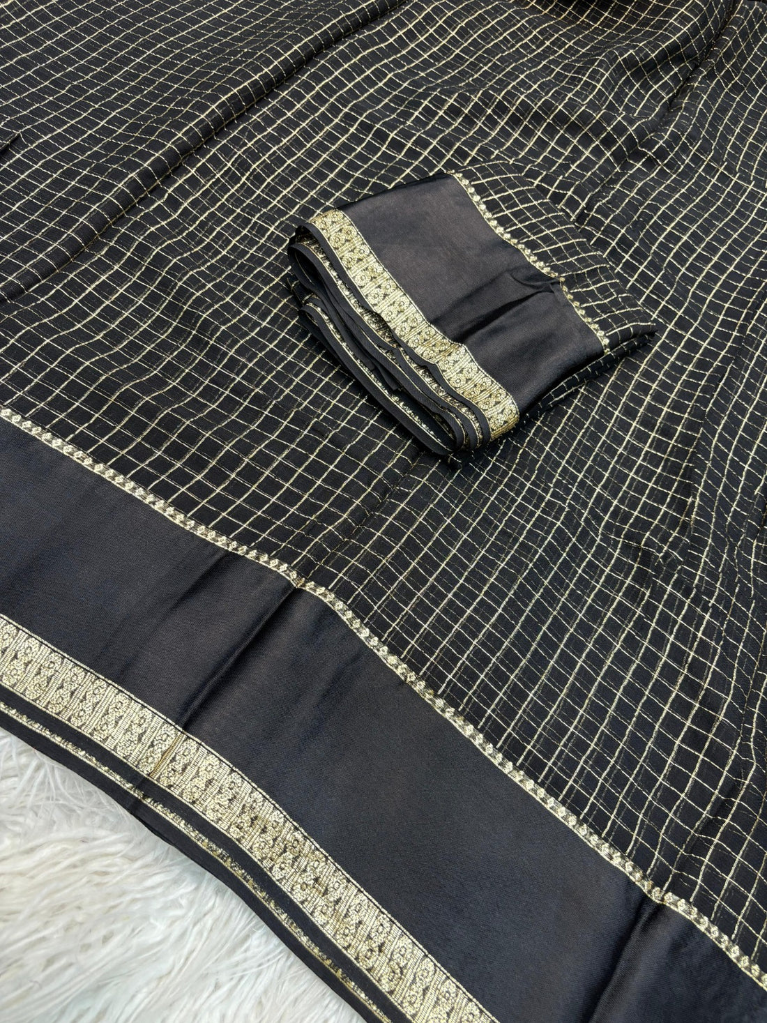 Black Kanjivaram Silk Saree with Golden Zari Checks and Rich Border