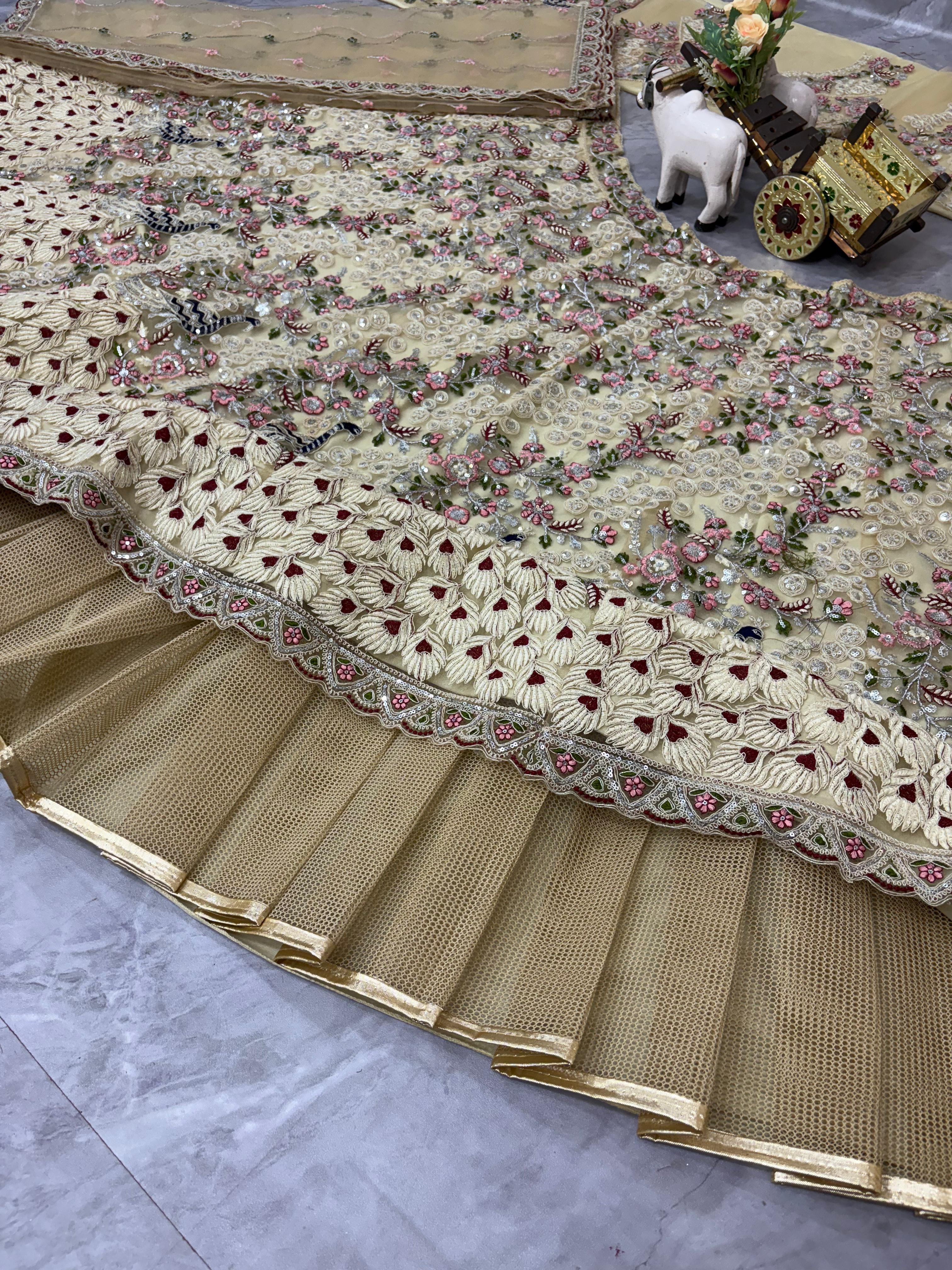 Cream Embroidered Net Lehenga Choli with Floral Detailing