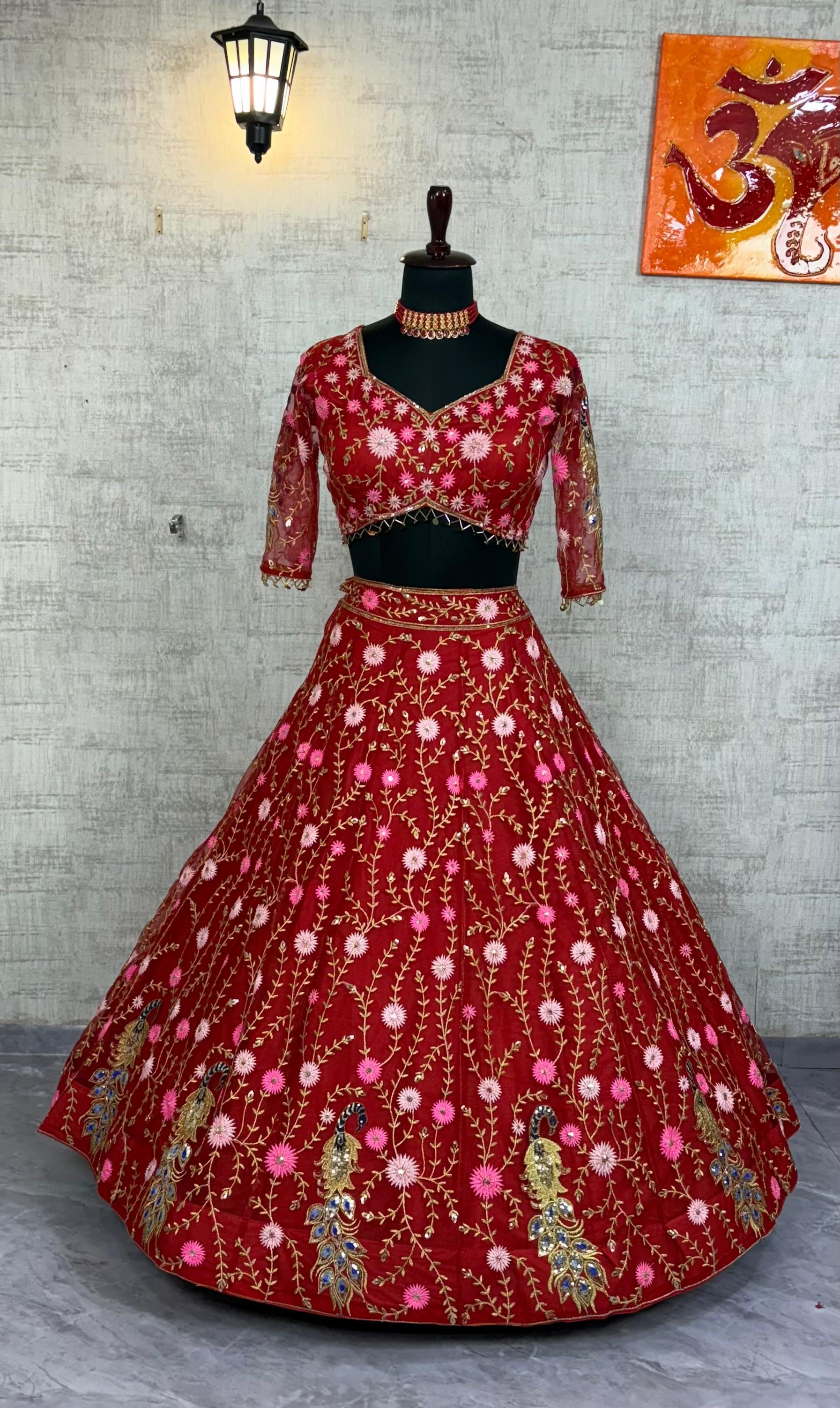 Red Embroidered Net Lehenga Choli with Dupatta