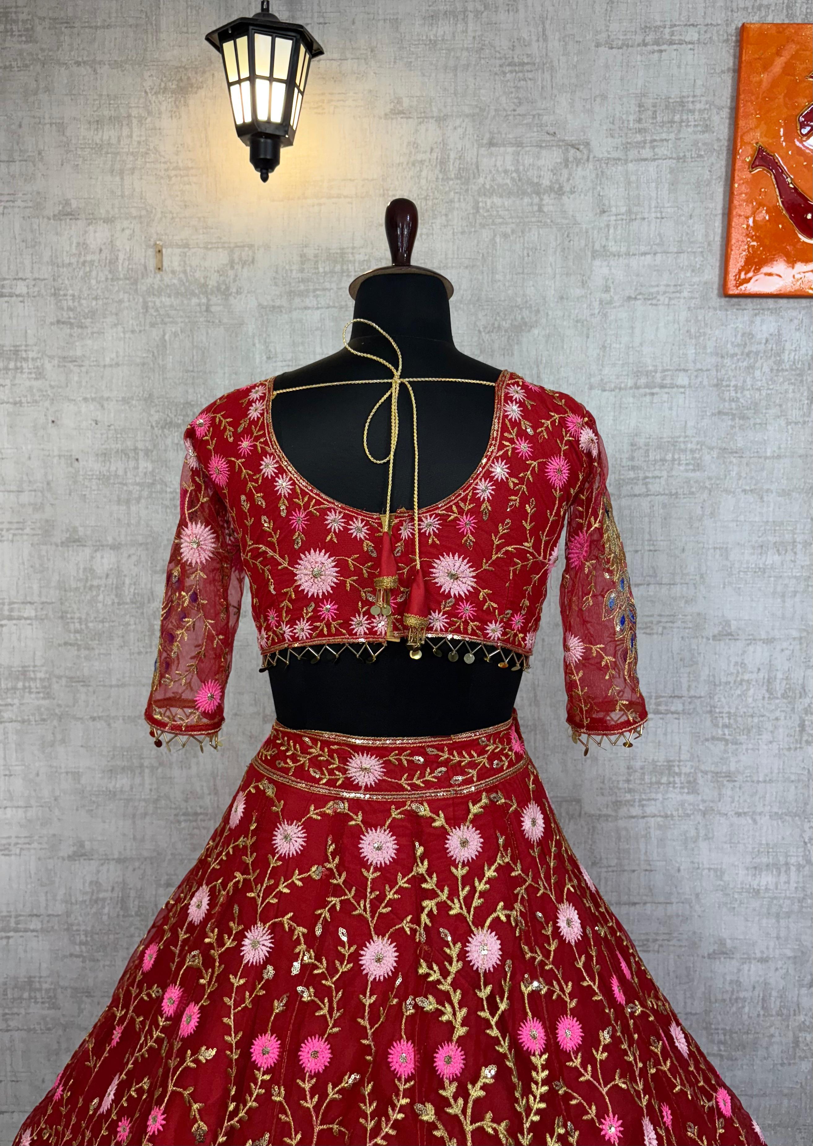 Red Embroidered Net Lehenga Choli with Dupatta