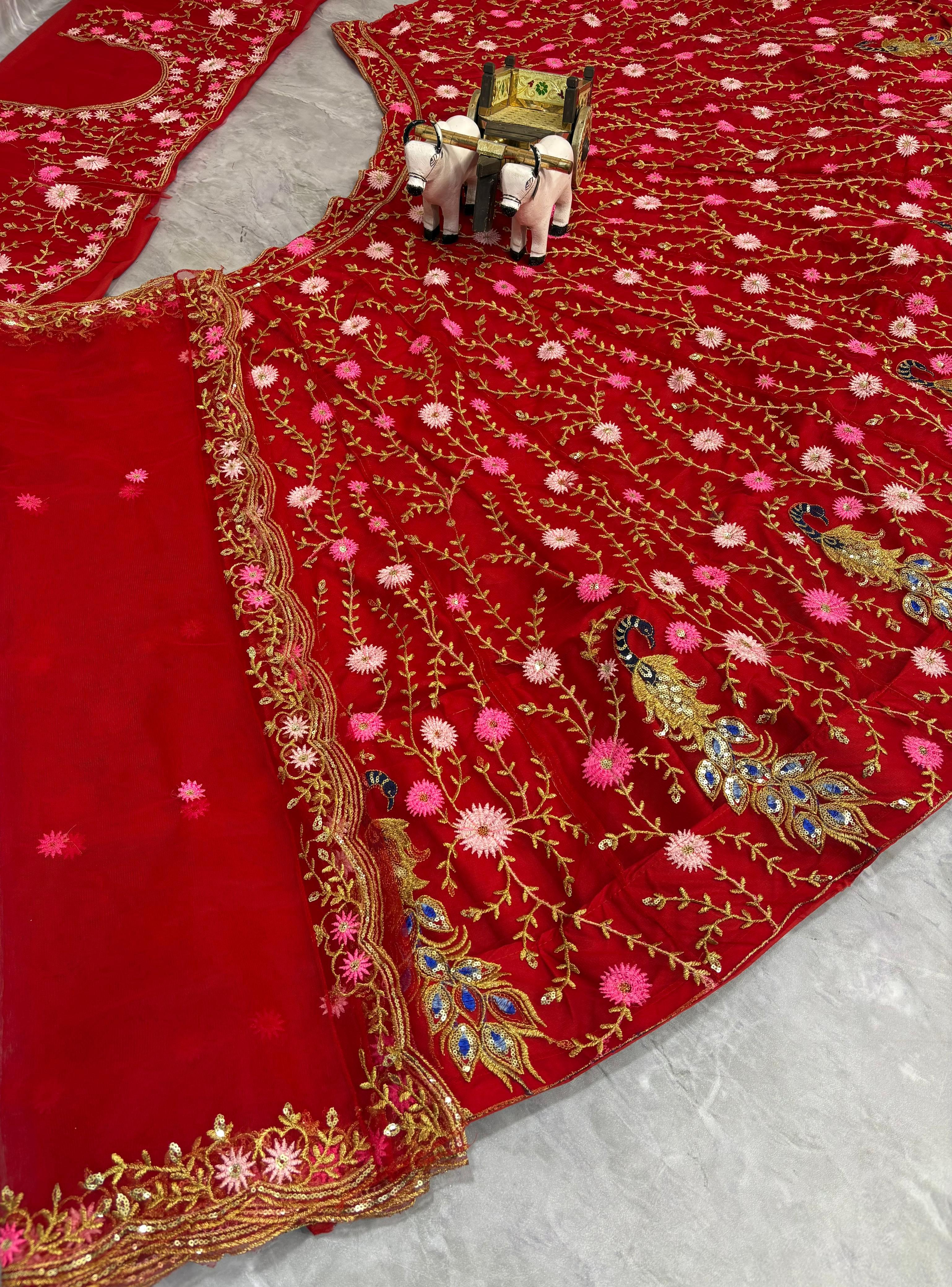 Red Embroidered Net Lehenga Choli with Dupatta