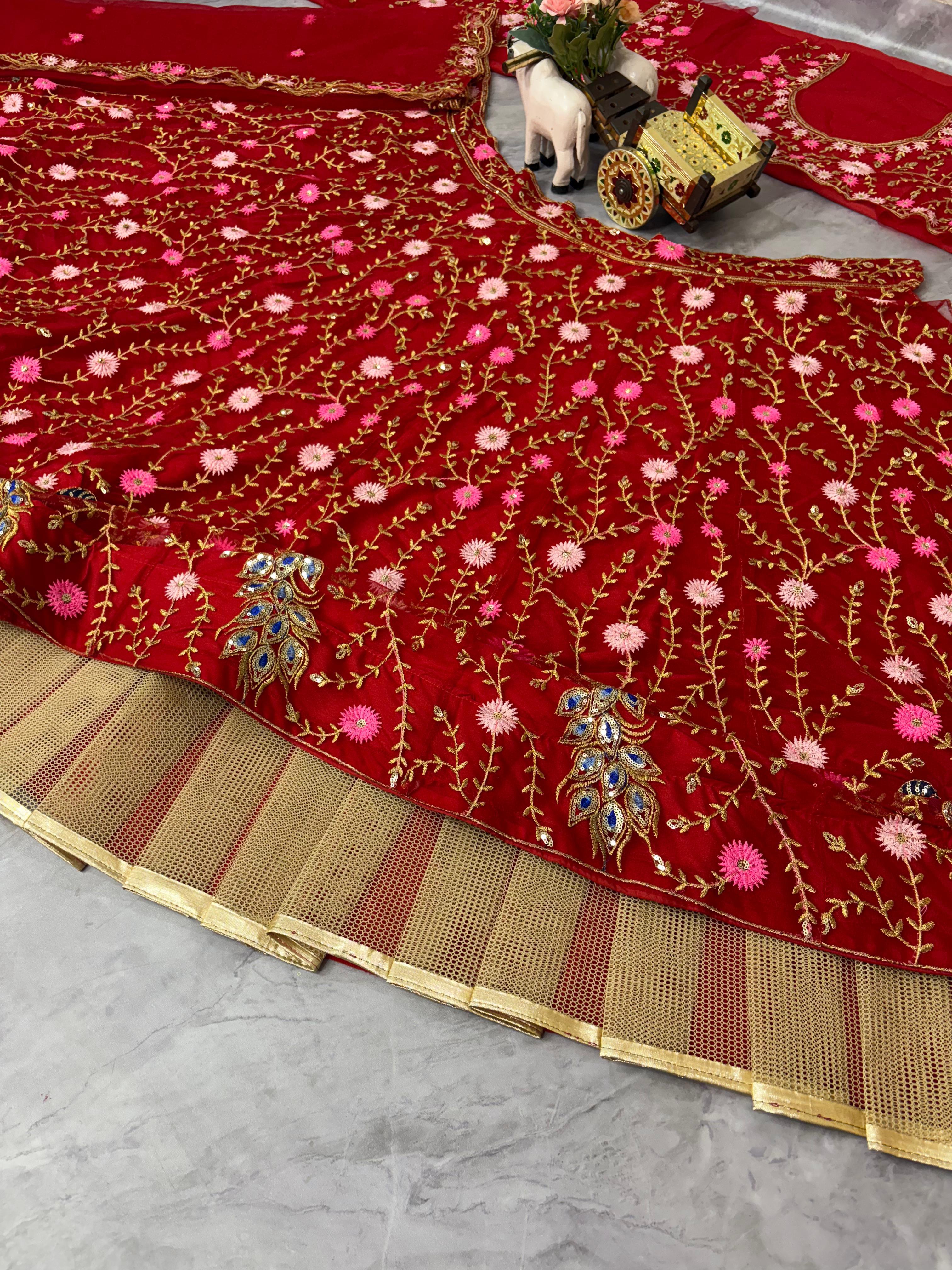 Red Embroidered Net Lehenga Choli with Dupatta