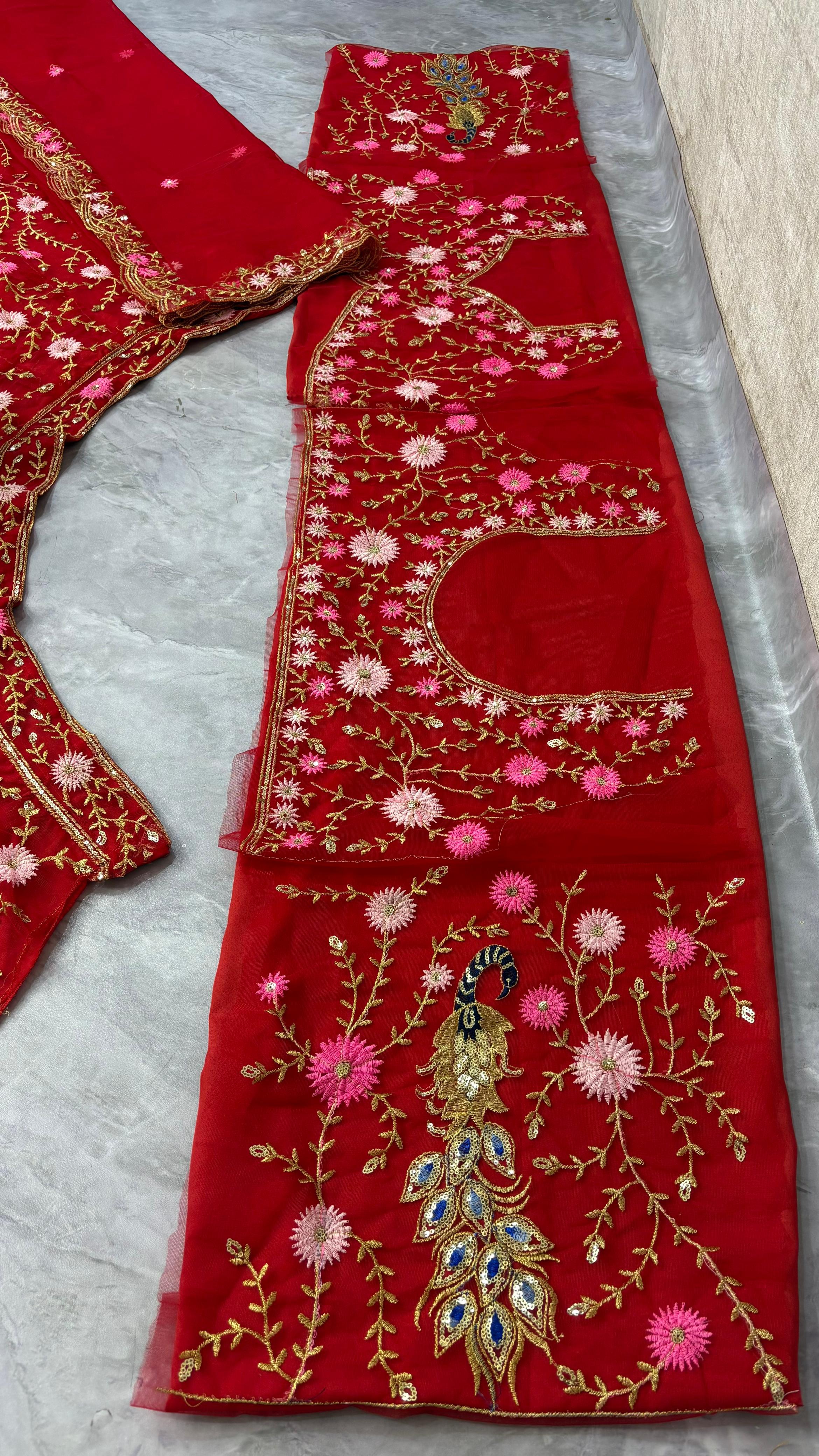 Red Embroidered Net Lehenga Choli with Dupatta