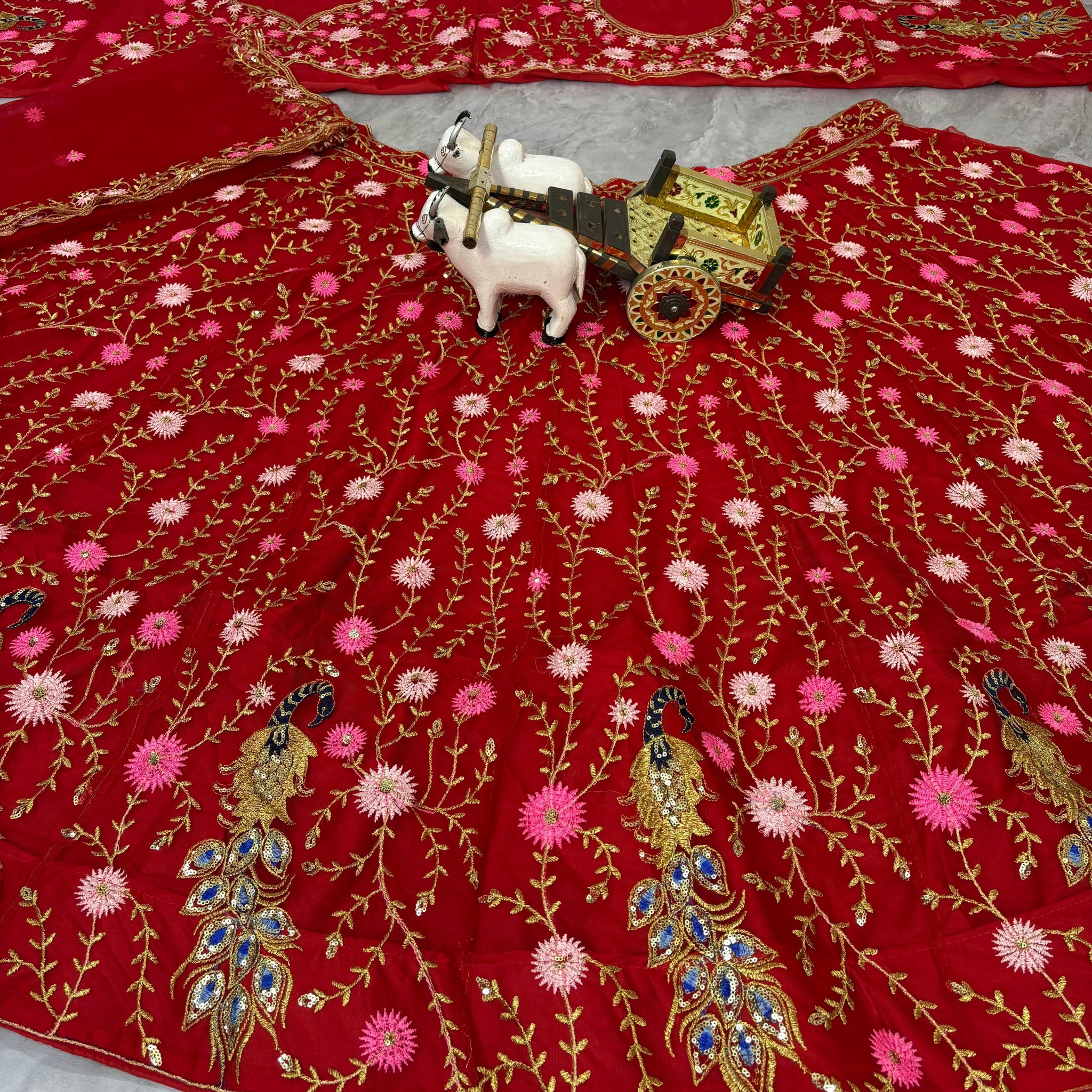 Red Embroidered Net Lehenga Choli with Dupatta
