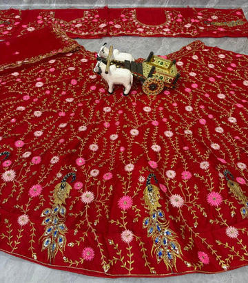 Red Embroidered Net Lehenga Choli with Dupatta