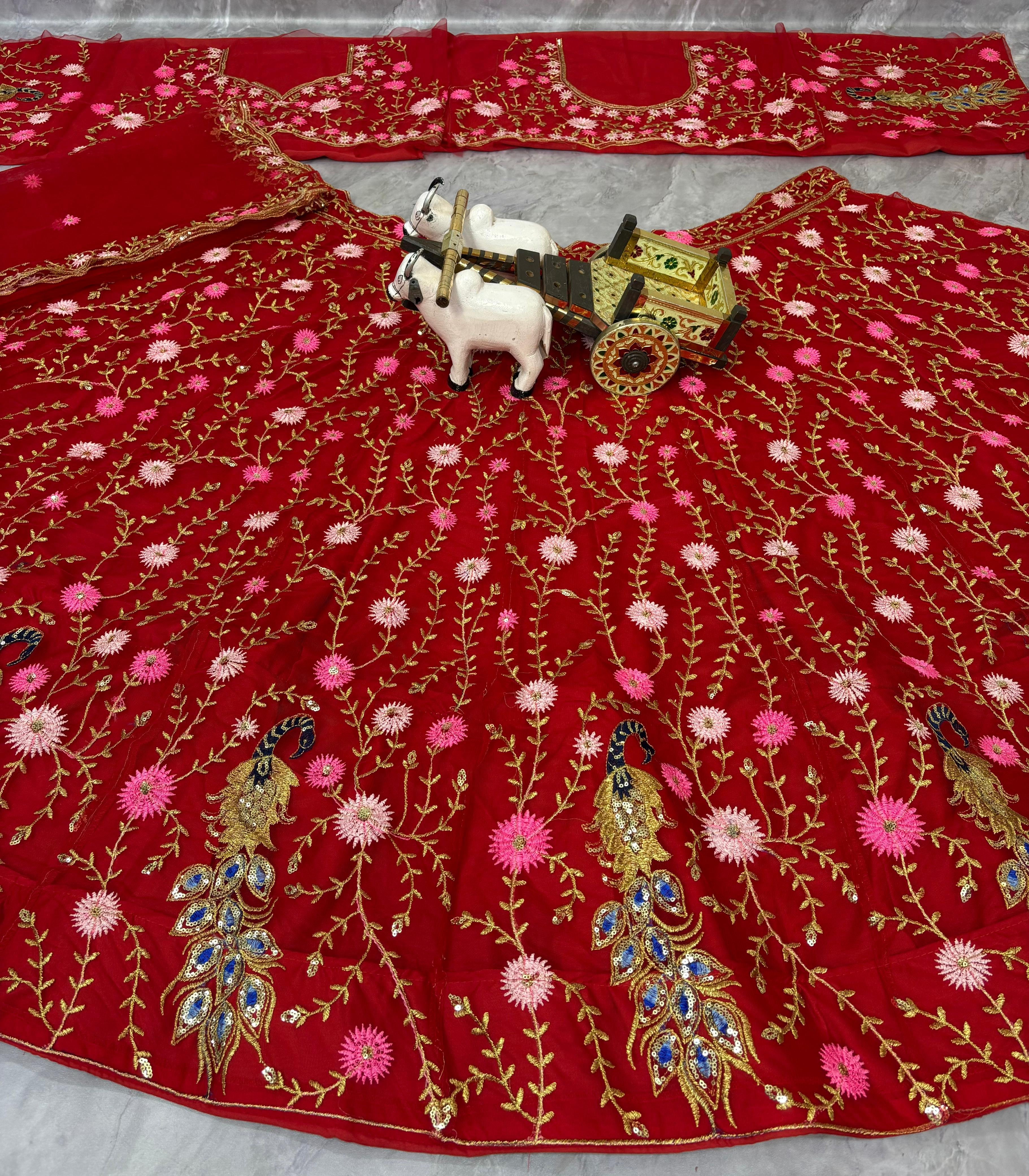 Red Embroidered Net Lehenga Choli with Dupatta