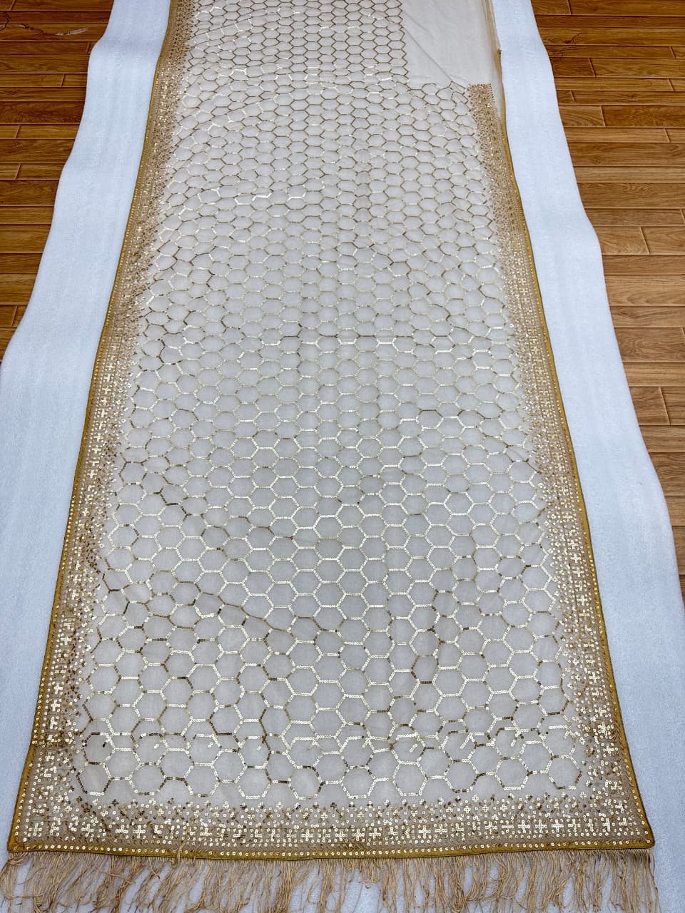 Champagne Sequin Embroidered Net Saree with Feather Detailing