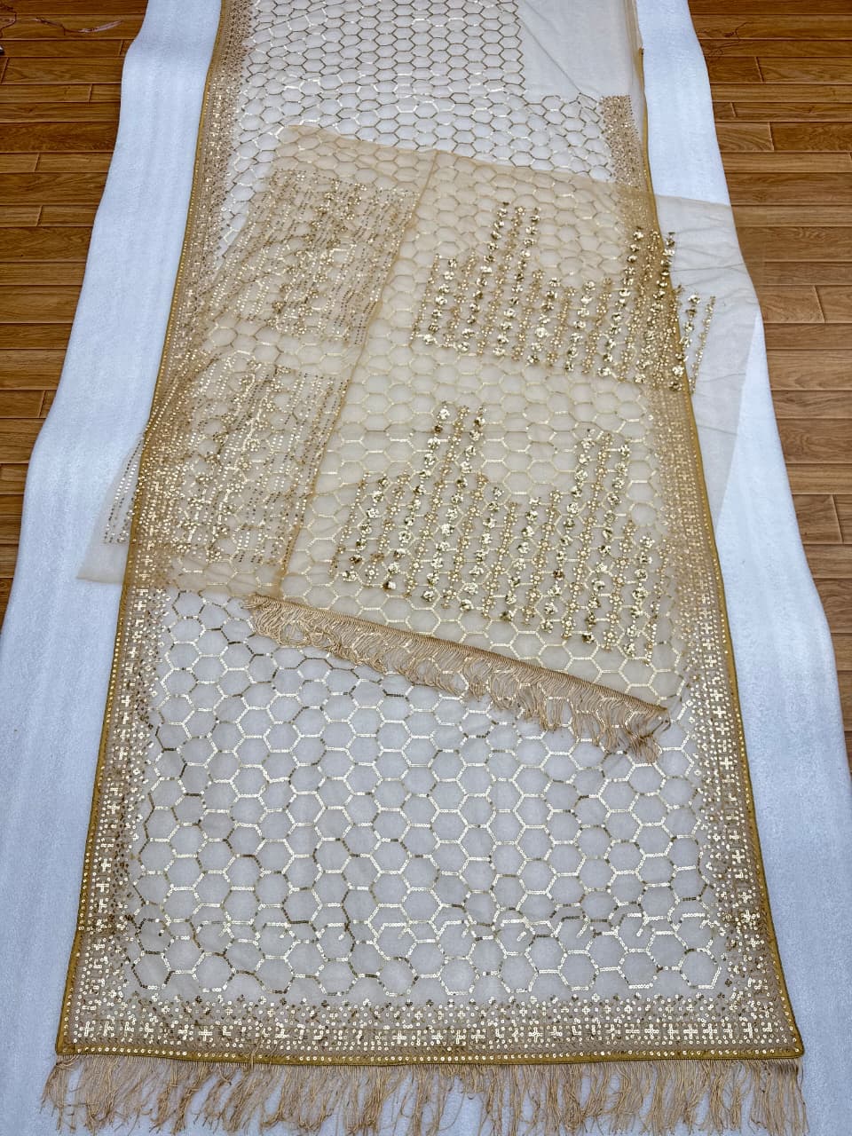 Champagne Sequin Embroidered Net Saree with Feather Detailing