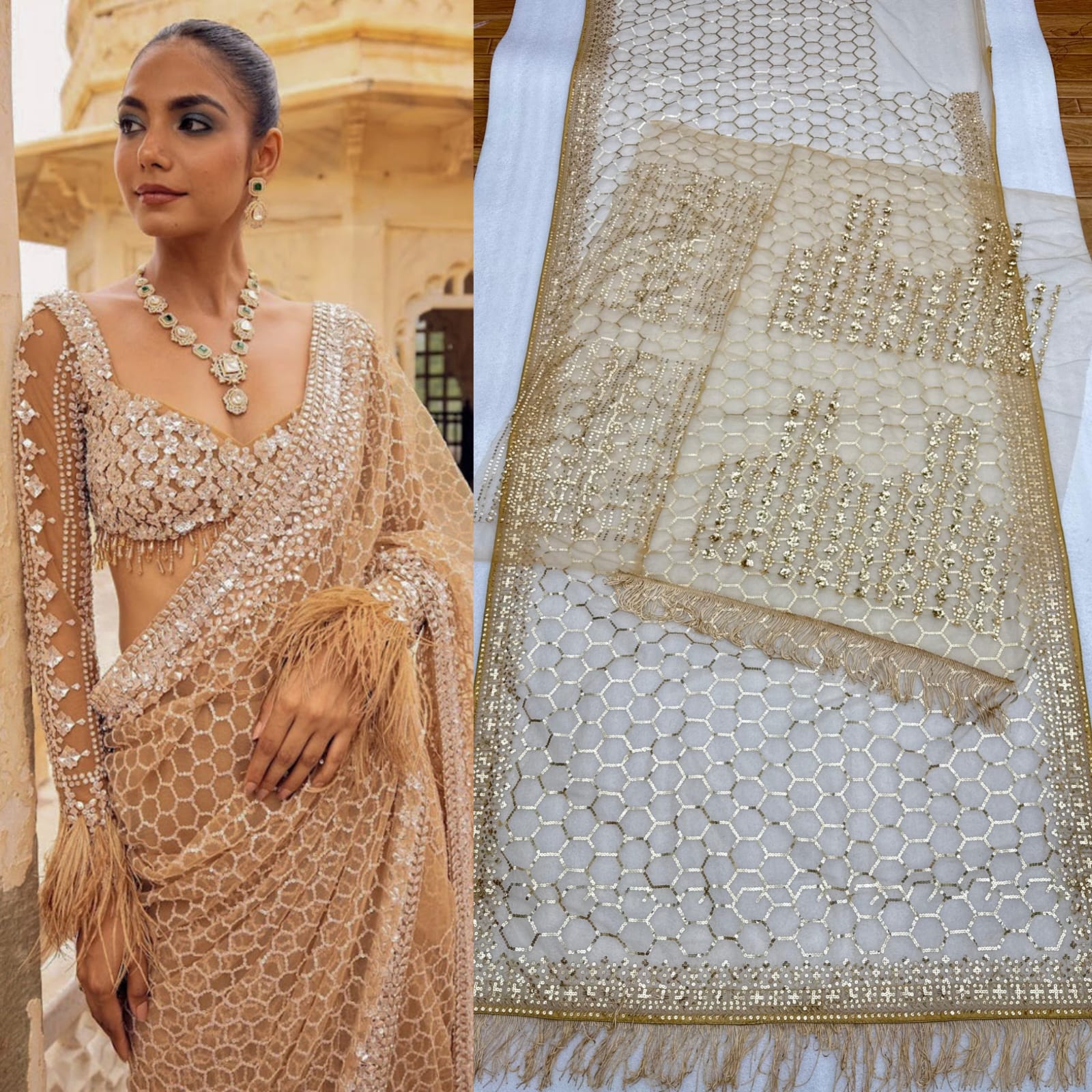 Champagne Sequin Embroidered Net Saree with Feather Detailing