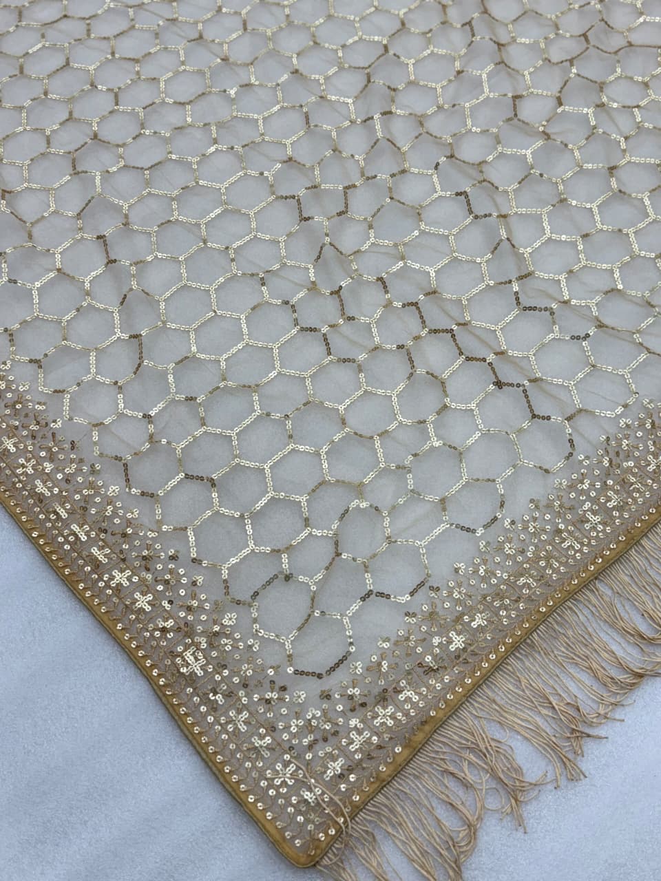 Champagne Sequin Embroidered Net Saree with Feather Detailing