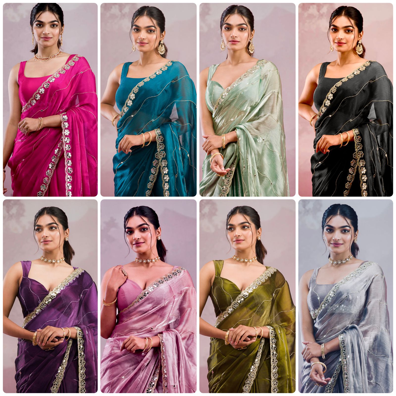 Lavender Satin Saree with Mirror Work Border and Embellished Blouse