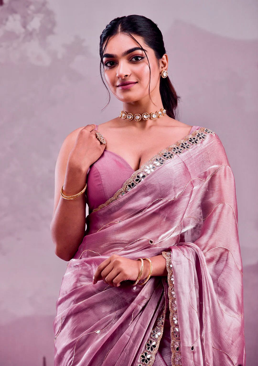 Lavender Satin Saree with Mirror Work Border and Embellished Blouse