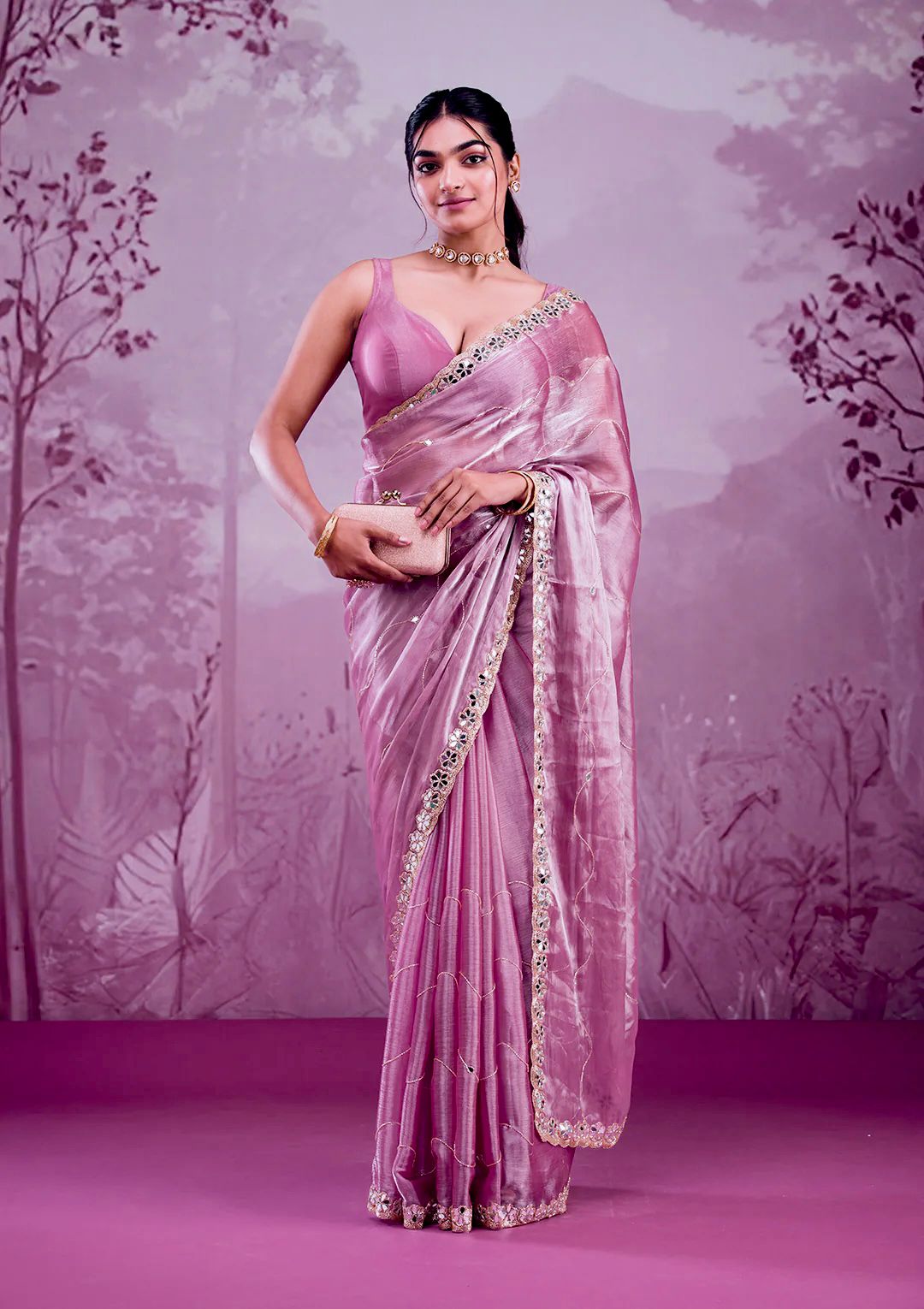 Lavender Satin Saree with Mirror Work Border and Embellished Blouse
