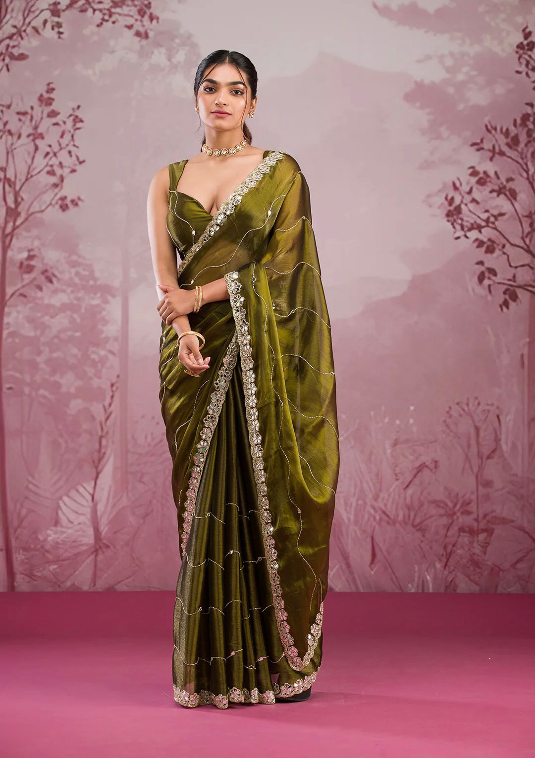 Green Saree with Mirror Work Border and Embellished Blouse