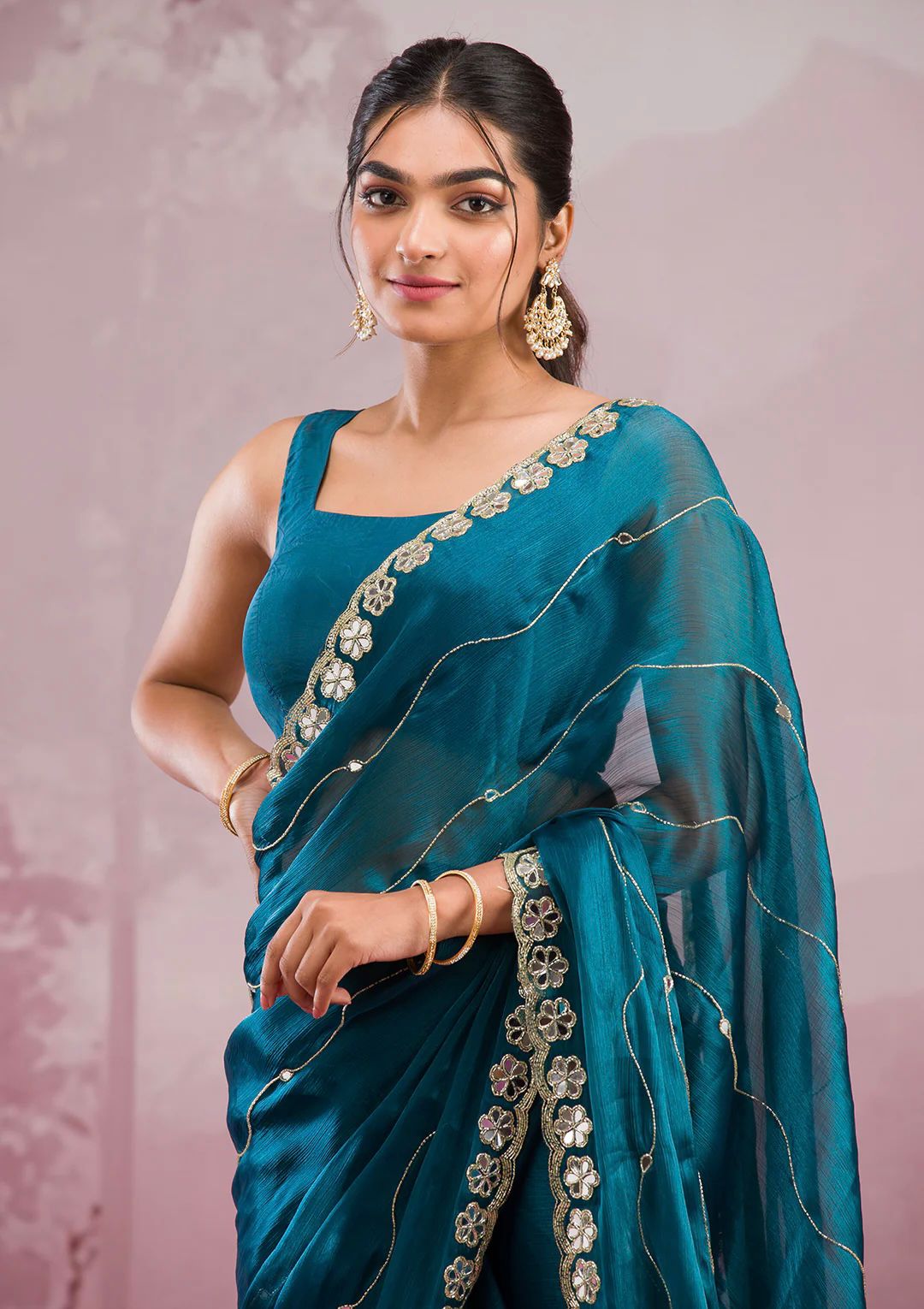 Blue Saree with Mirror Work Border and Embellished Blouse