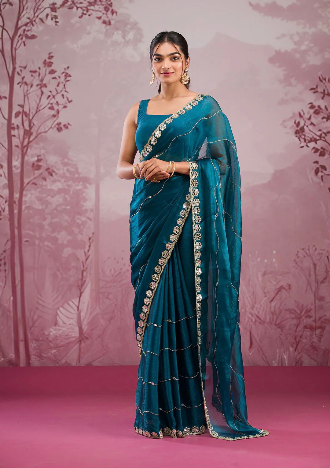 Blue Saree with Mirror Work Border and Embellished Blouse