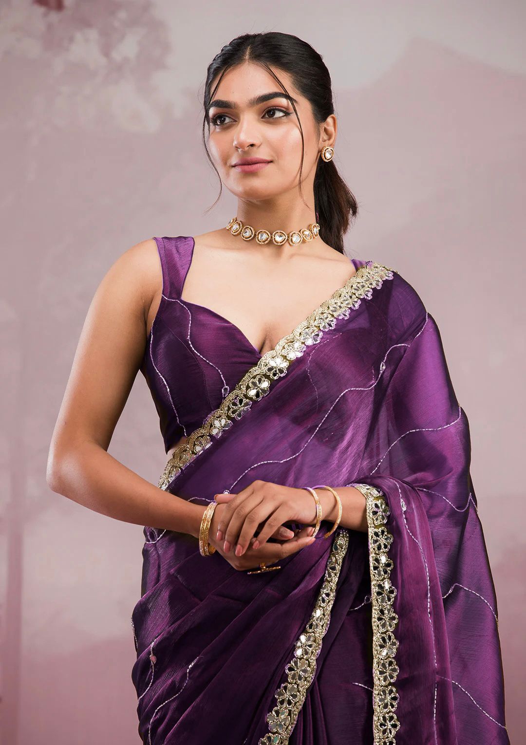 Purple Saree with Mirror Work Border and Embellished Blouse