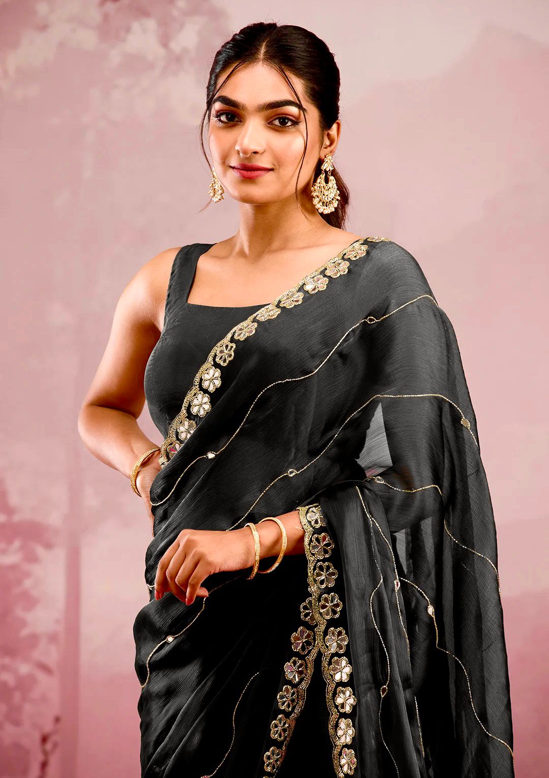 Black Saree with Mirror Work Border and Embellished Blouse