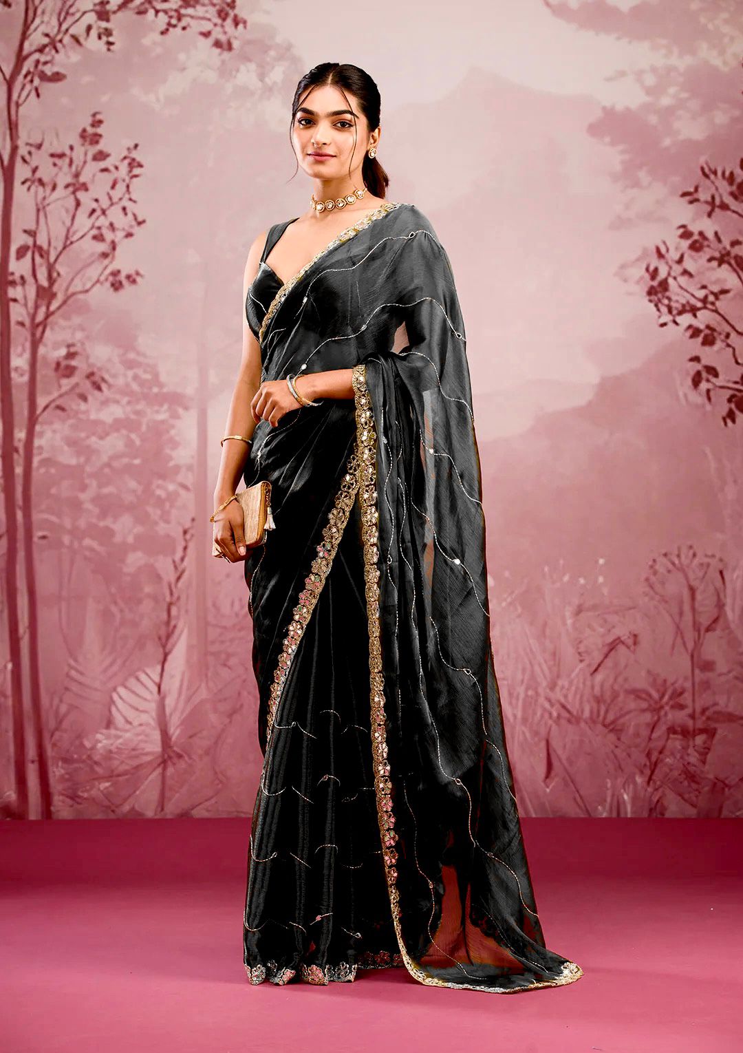 Black Saree with Mirror Work Border and Embellished Blouse