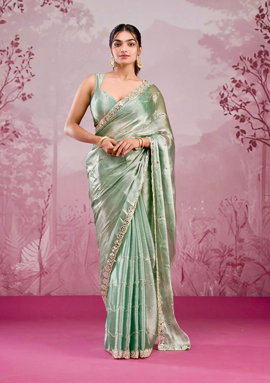 Light Green Saree with Mirror Work Border and Embellished Blouse