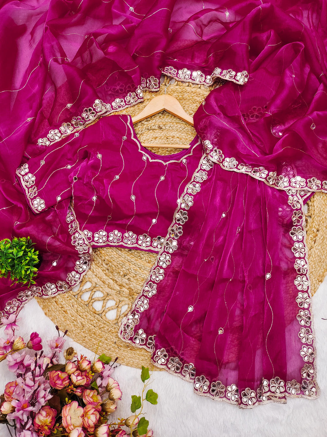 Pink Saree with Mirror Work Border and Embellished Blouse