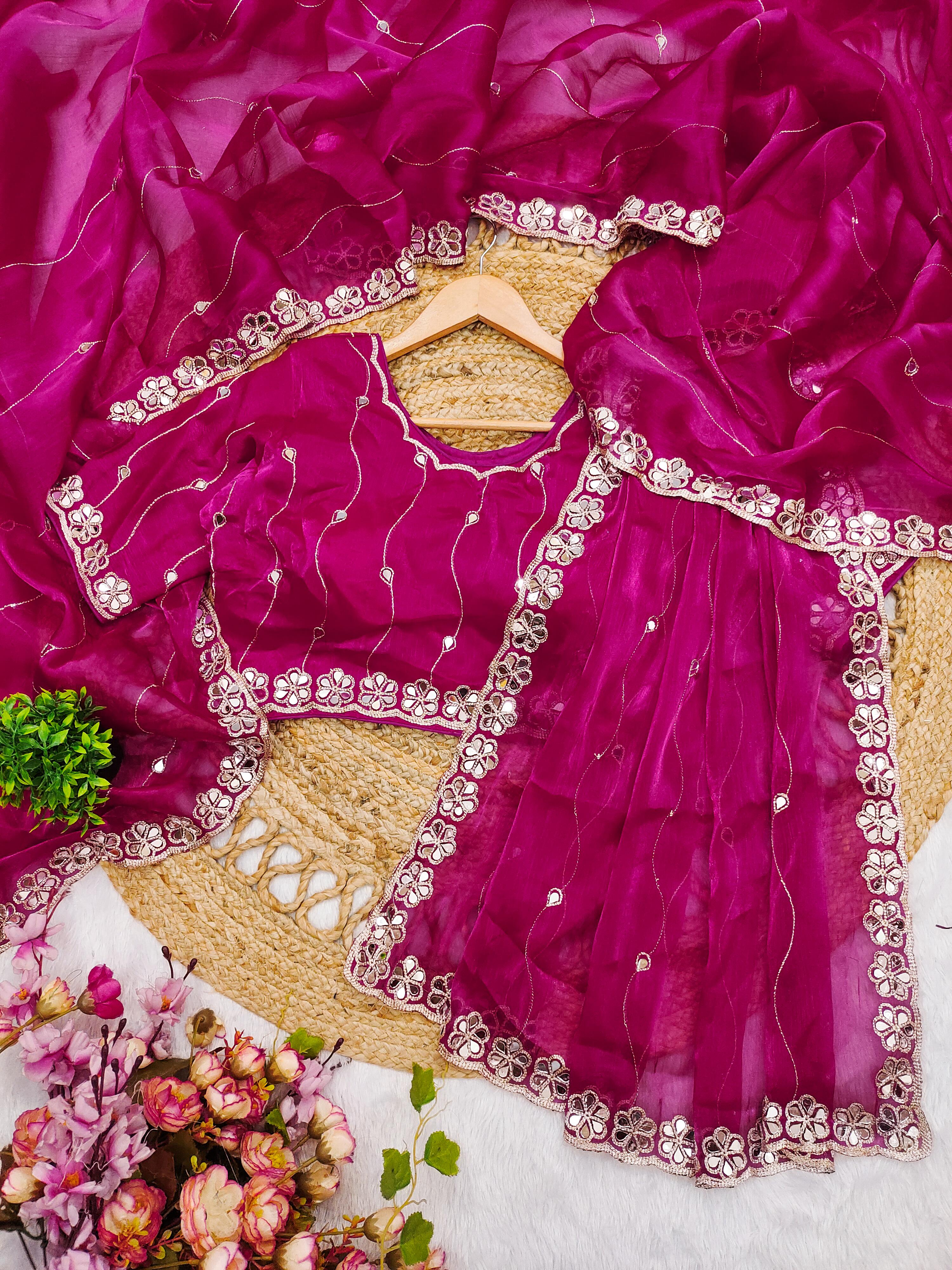 Pink Saree with Mirror Work Border and Embellished Blouse