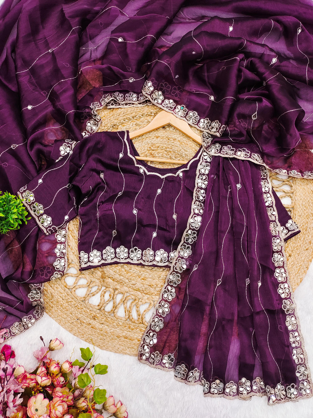Purple Saree with Mirror Work Border and Embellished Blouse